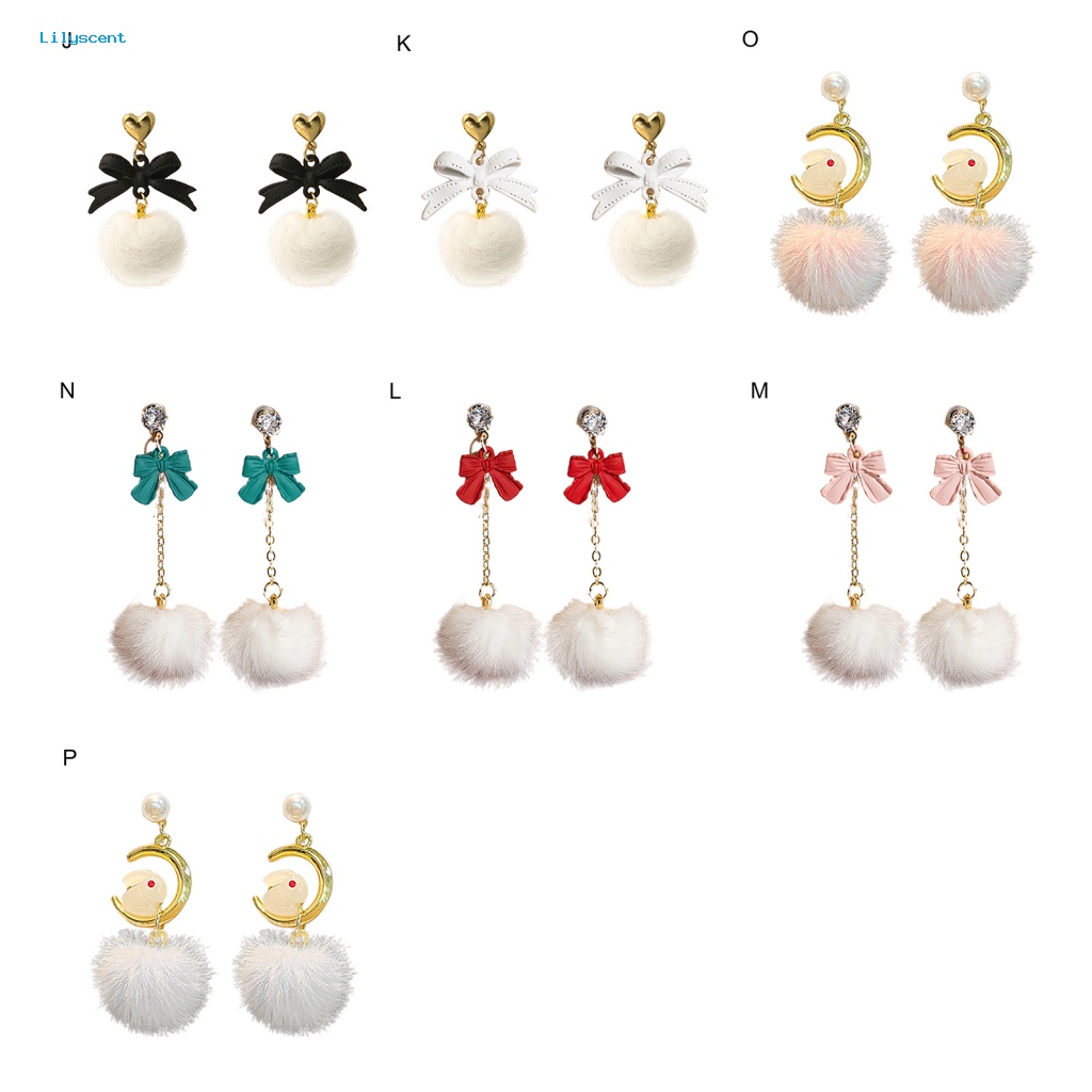 Lilyscent 1pasang Anting Drop Gaya Korea Untuk Pacaran Kartun Kelinci Bulu Bola Telinga Studs Ikatan Simpul