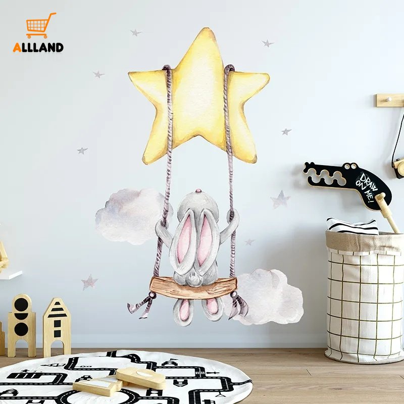 Lucu Kartun Kelinci Swing on The Stars Stiker Dinding/DIY Self-adhesive Big Golden Star Wall Decals Untuk Dekorasi Kamar Anak