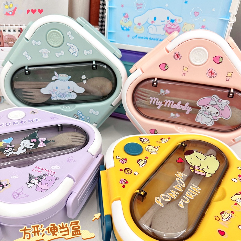 ღ Sanrio Lunch Box Set Kawaii Cinnamoroll Melody Kuromi Purin Microwave Kotak Makan Siang Siswa Tiga Kompartemen Dengan Peralatan Makan Kotak Pemelihara Segar Lucu