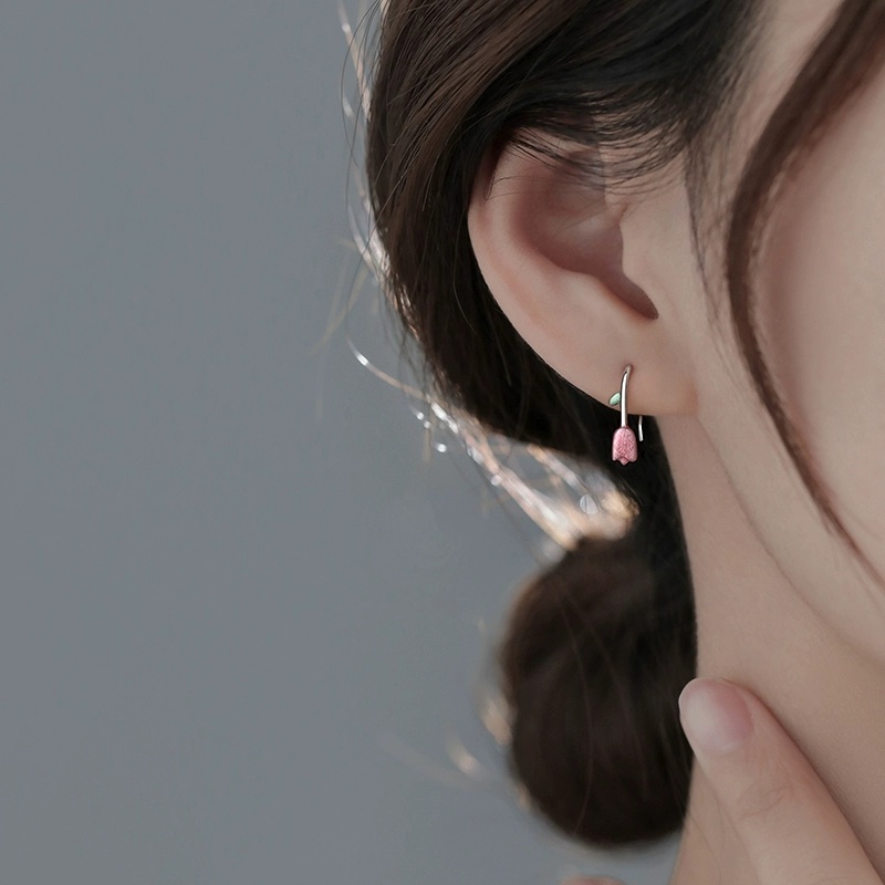 Papaozhu Elegan S925 Perak Merah Muda Tulip Anting Kait Untuk Wanita Gadis Temperamen Bunga Manset Anting-Anting Manis Telinga Perhiasan Pacaran Pakaian Sehari-Hari