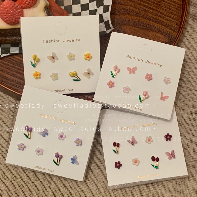 S925 Perak Jarum Bunga Tulip Anting Set Mini Fashion Kupu-Kupu Anting Korea Retro Anting Wanita