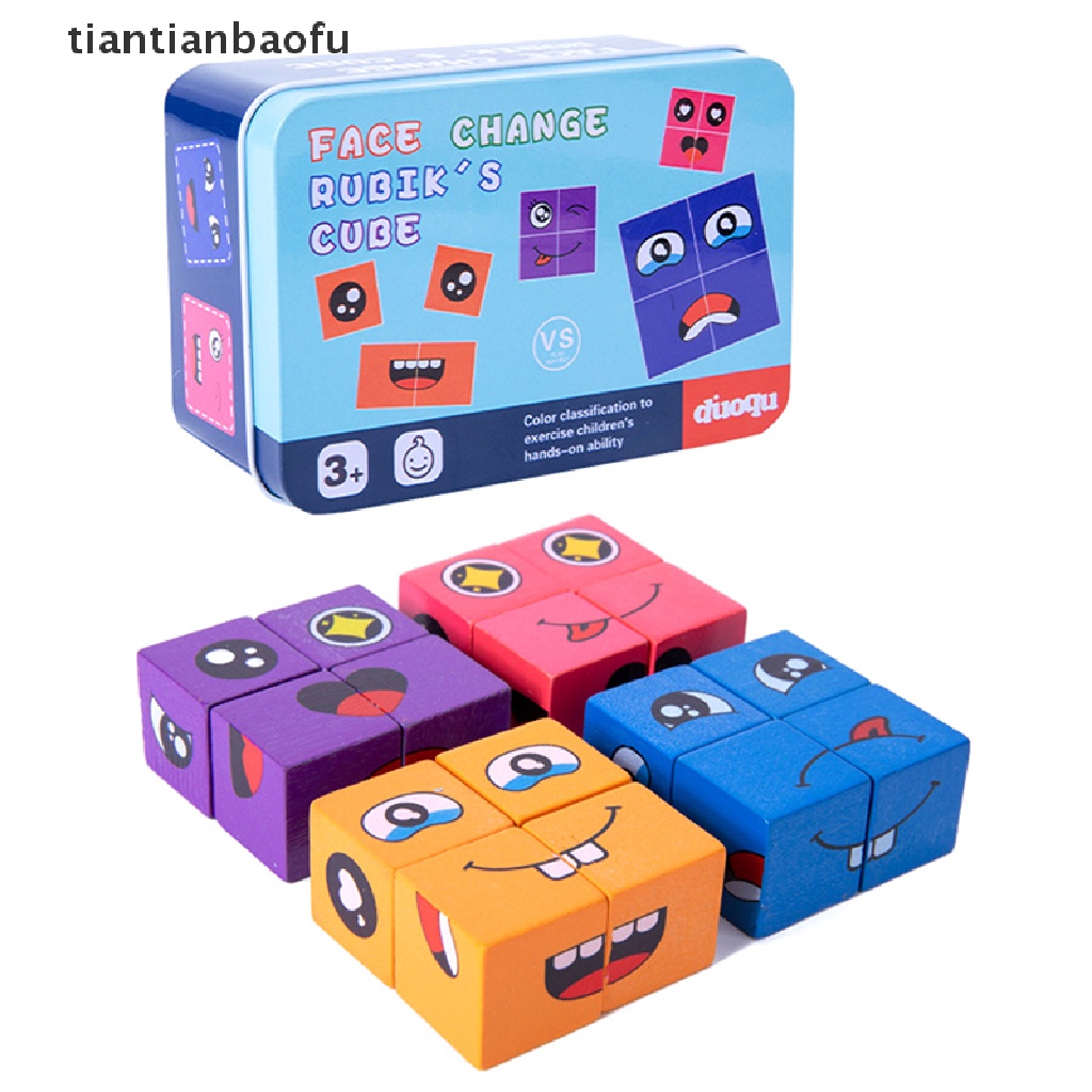 [tiantianbaofu] Emosi Wajah Mengubah Blok Ekspresi Kayu Mainan Puzzle Anak Cube Table Game Belajar Montessori Mainan Edukasi Anak Butik