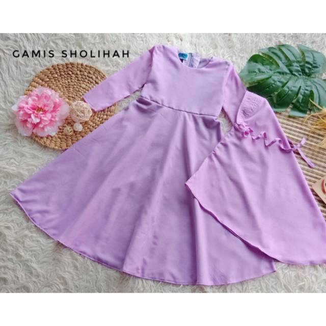 GAMIS ANAK & DEWASA + HIJAB WARNA UNGU MUDA