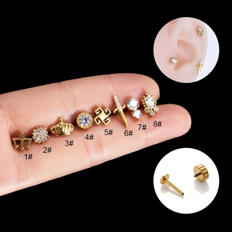 1biji Bentuk Mahkota Bedah G23 Baja Titanium 16 Gauge Segar Tindik Drat Dalam Kepala Datar Labret Bibir Stud Helix Tragus Earing Piercing