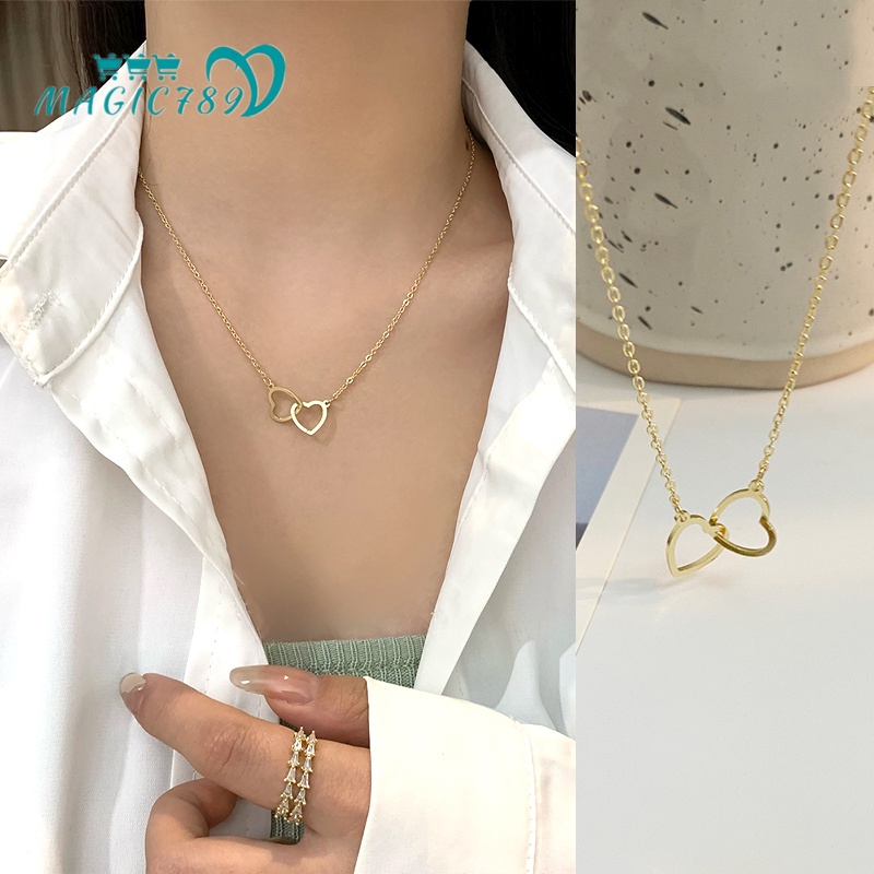 Papaozhu Chic Emas Berongga Hati Ke Hati Liontin Kalung Untuk Wanita Perempuan Minimalis Cinta Ganda Hati Tulang Selangka Rantai Necklaces