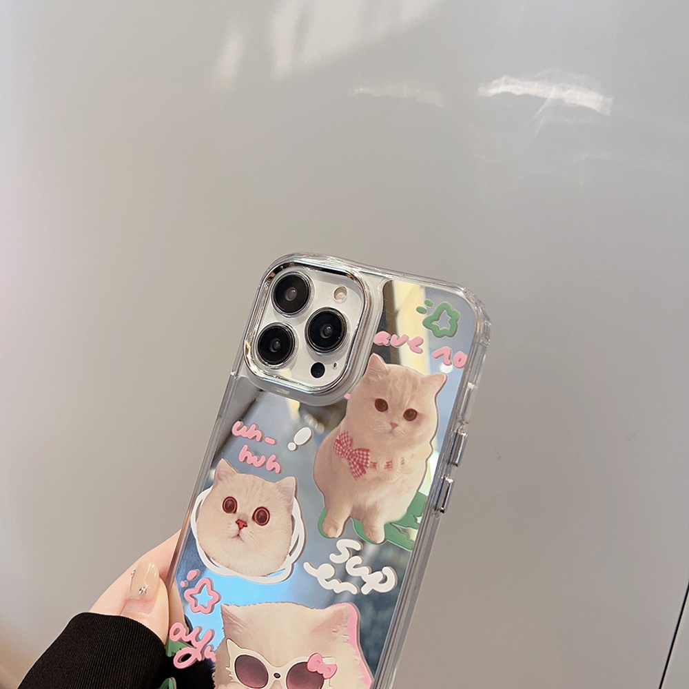 IPHONE Kacamata Hitam Lucu Pink Hijau Kucing Kartun Make Up Cermin Transparan Case Untuk Iphone14 11 12 13 PRO MAX Casing Cover Pelindung AT0214