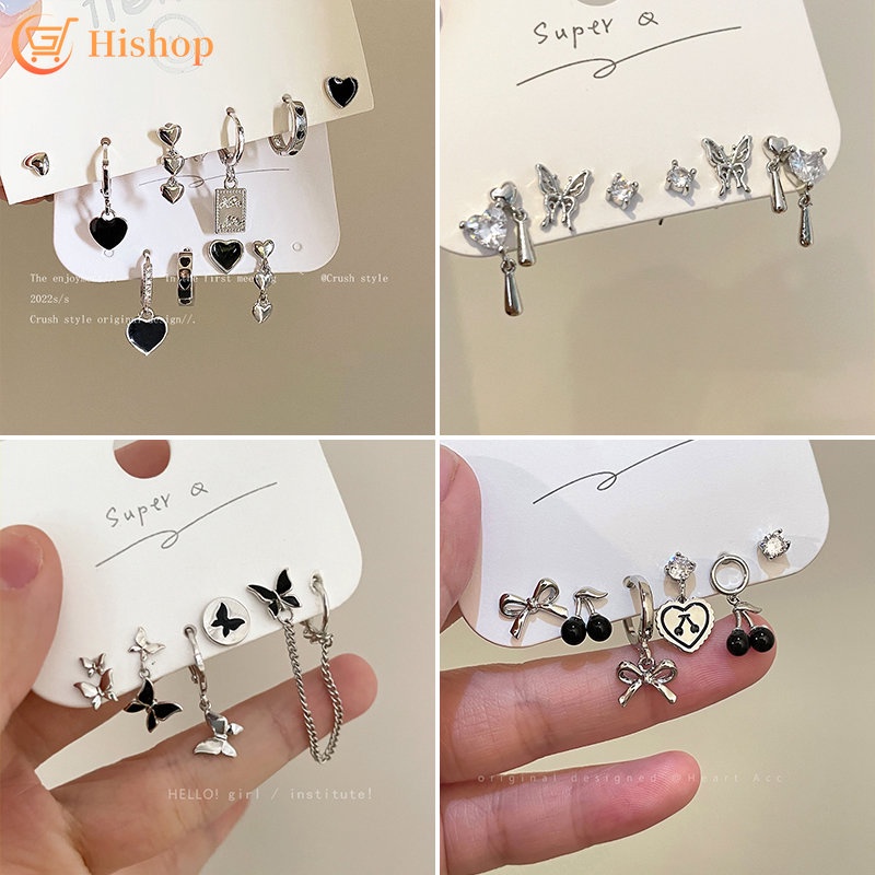 Set Anting Stud Kupu-Kupu Hati Beruang Pribadi Busur Bunga Silver Anting Rumbai Untuk Aksesoris Perhiasan Wanita