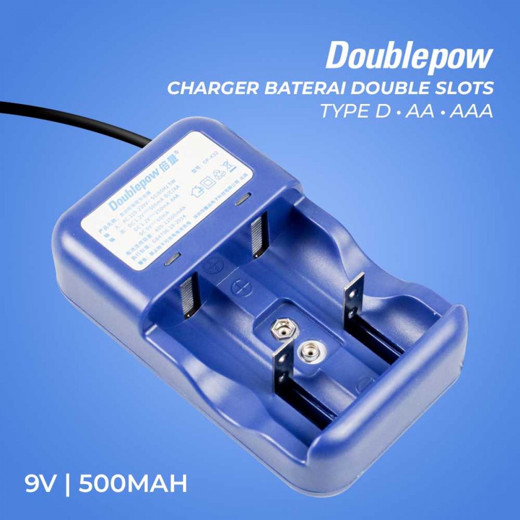 Charger Baterai 2 Slots Tipe D AA AAA 9V 500mAh Ada Mode Pemeliharaan