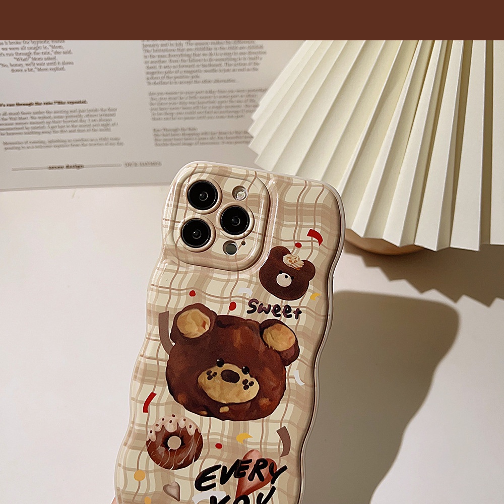 IPHONE Donat Teddy Bear Memutar Kotak-Kotak Coklat Perlindungan Penuh Casing Ponsel Cover Untuk Iphone11 12 13 14 PLUS PRO MAX Soft Shell