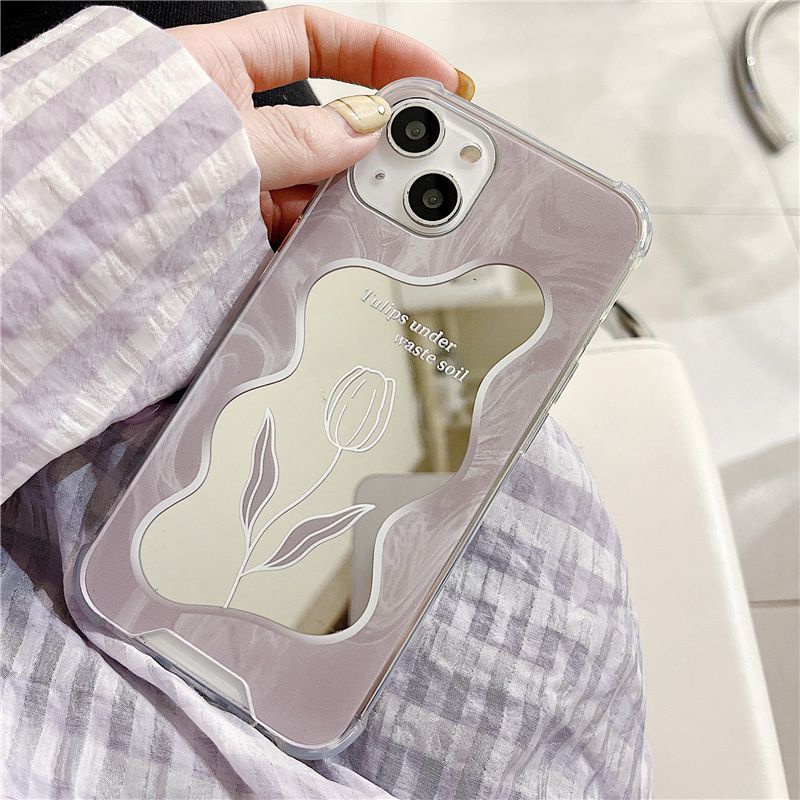 【Shock Proof Mirror】Silicone Soft Case Iphone 6S 7 8 Plus X XR XS Max IPhone 11 12 13 14 Pro Max 14 Plus 7+ 8+ 12 13 mini Purple Tulip Flower