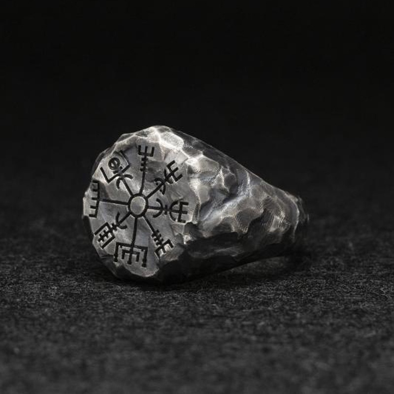 Ukir Kompas Viking Compas Rune Pria Cincin Retro Kreatif Seni Cincin Terbuka Cincin