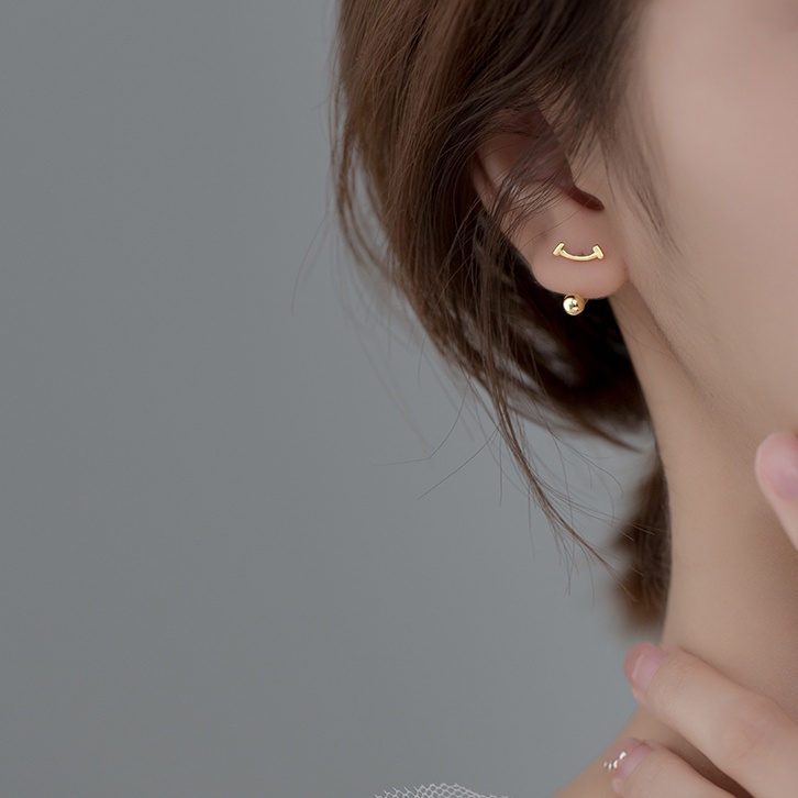 S925 Perak Korea Sederhana Smile Stud Earrings Sekrup Pengencang Gesper Anting Anting Anting Mini Hadiah