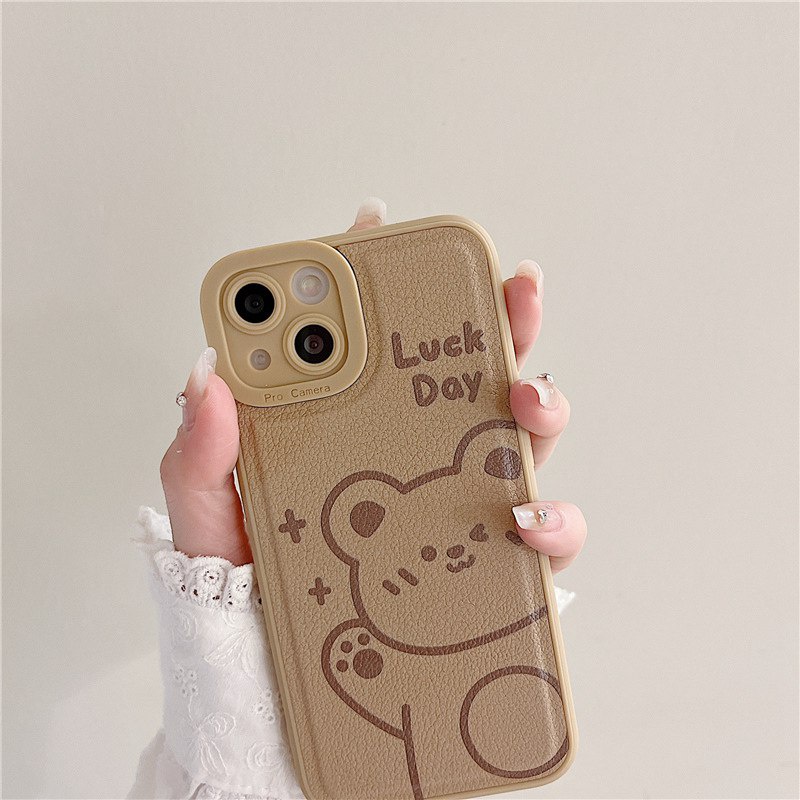 Leather Brown Little Bear Soft Silicon Case HP iP iPhone 7 8 14 + Plus SE 2020 X XS XR Max 11 12 13 Pro Max New FTD Casing Apple