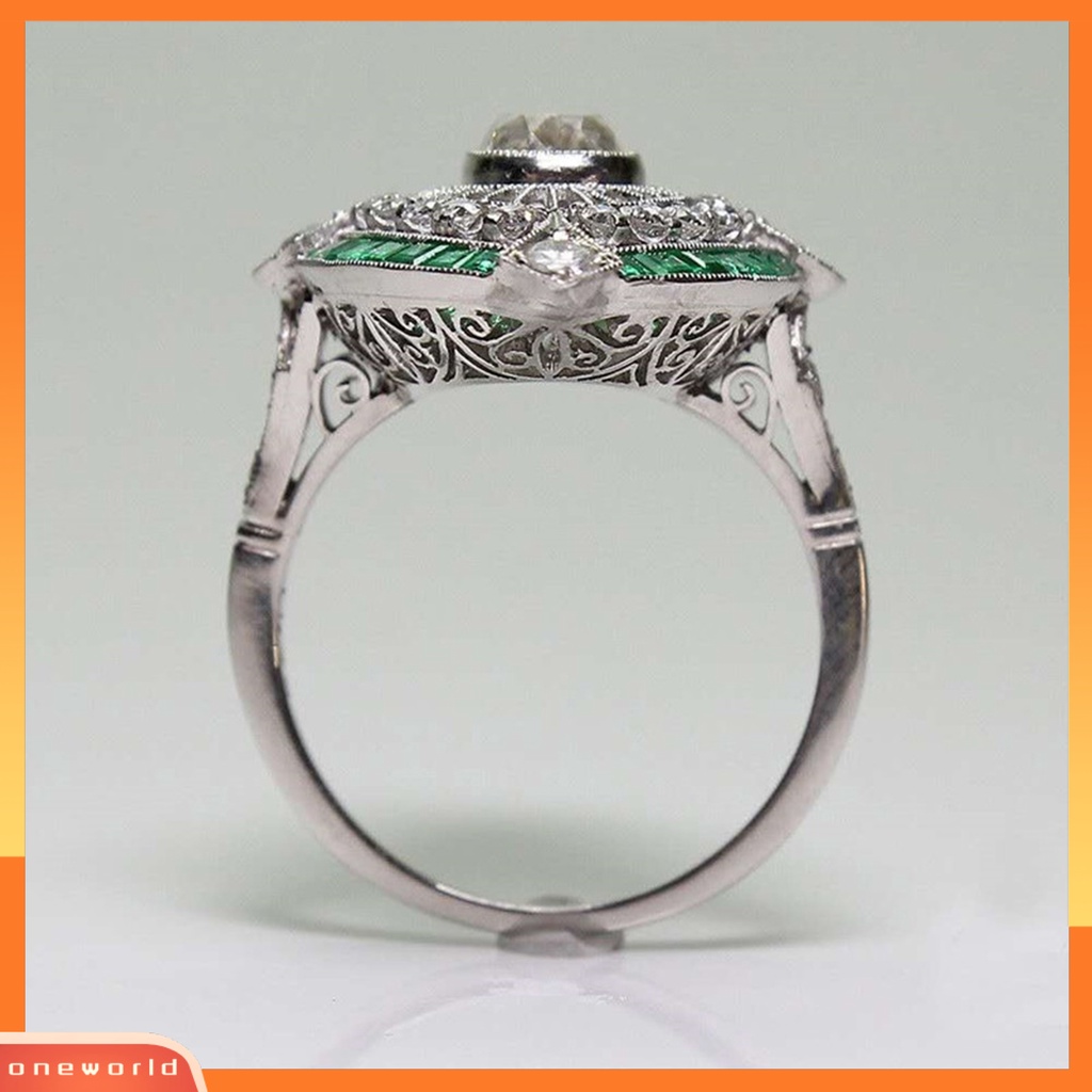 [EONE] Wanita Cincin Berlian Imitasi Mengkilap Hias Two-tone Geometri Electroplating Art Deco Hadiah Natural Emerald Faux Gemstone Engagement Wedding Ring Untuk Anniversary