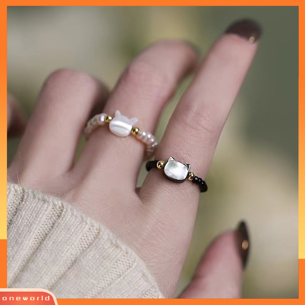 [EONE] Manik-manik Cincin Buatan Tangan Kristal Imitasi Bentuk Kucing Electroplating Kepribadian Berdandan Tahan Lama Manik-Manik Geometris Helai Elastis Jari Cincin Perhiasan Fashion