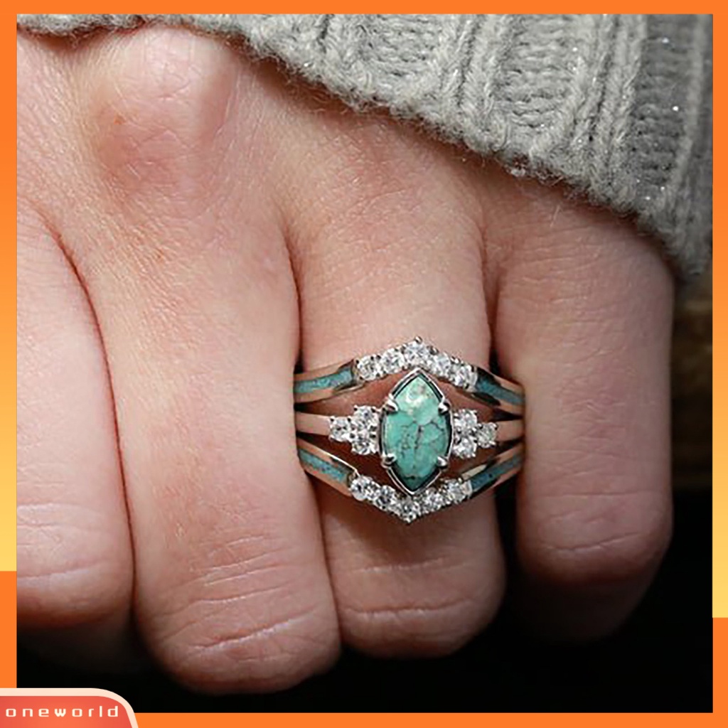 [EONE] Wanita Cincin Vintage Rusak Imitasi Turquoise Alloy Mewah Kepribadian Hadiah Berlian Imitasi Bertatahkan Jari Cincin Fashion Perhiasan