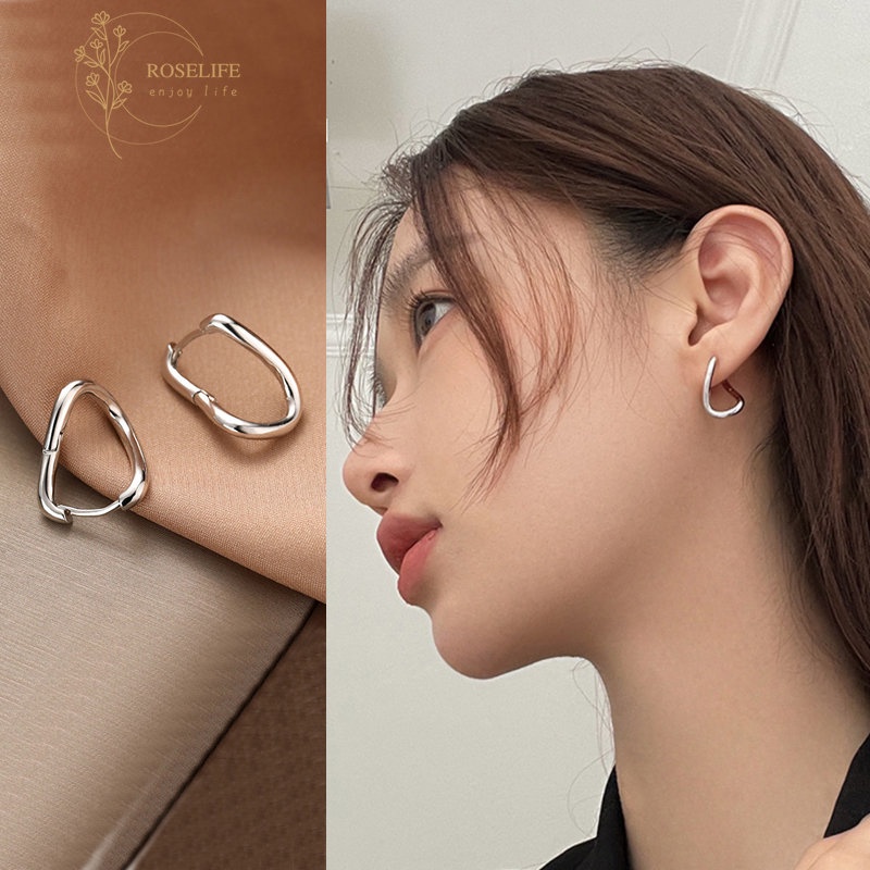 Roselife 1pasang Glossy S925 Perak Minimalis Twist Square Hoop Earrings Untuk Wanita Perempuan Elegan Geometris Anting-Anting Sederhana Fashion Telinga Perhiasan Aksesoris