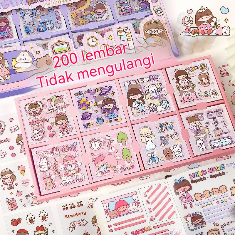 【COD】200 lembar stiker akun tangan PET pola kartun bahan dekorasi kartu lengket super lucu stiker akun tangan tahan air mulus