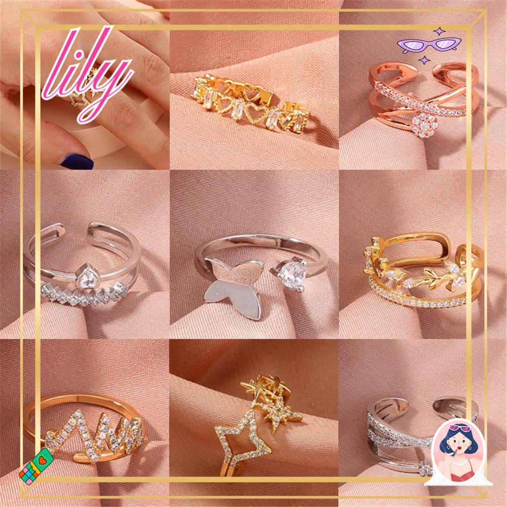 Lily Open Rings Hadiah Aksesoris Pernikahan Emas Perak Zirkon Untuk Wanita Gadis Adjustable Ring