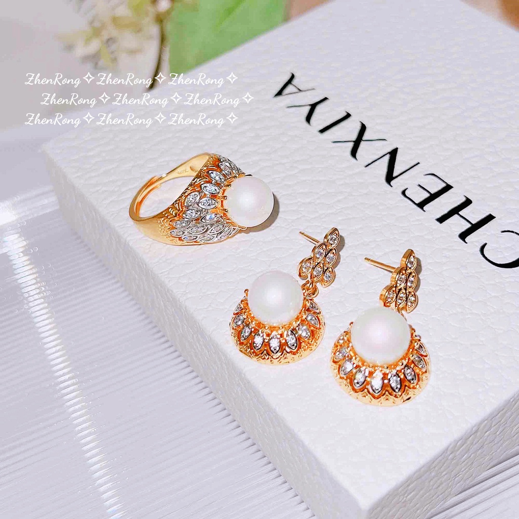 Goldkingdom Aksesoris Perhiasan Fashion Ready Stock Itali Ukir Emas Australia Mutiara Putih Cincin Anting Liontin Kalung Set