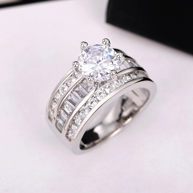 Wanita Cincin Kawin Putih Cubic Zirconia Warna Perak Band Fashion Mewah Pertunangan Nikah Pengantin Perhiasan