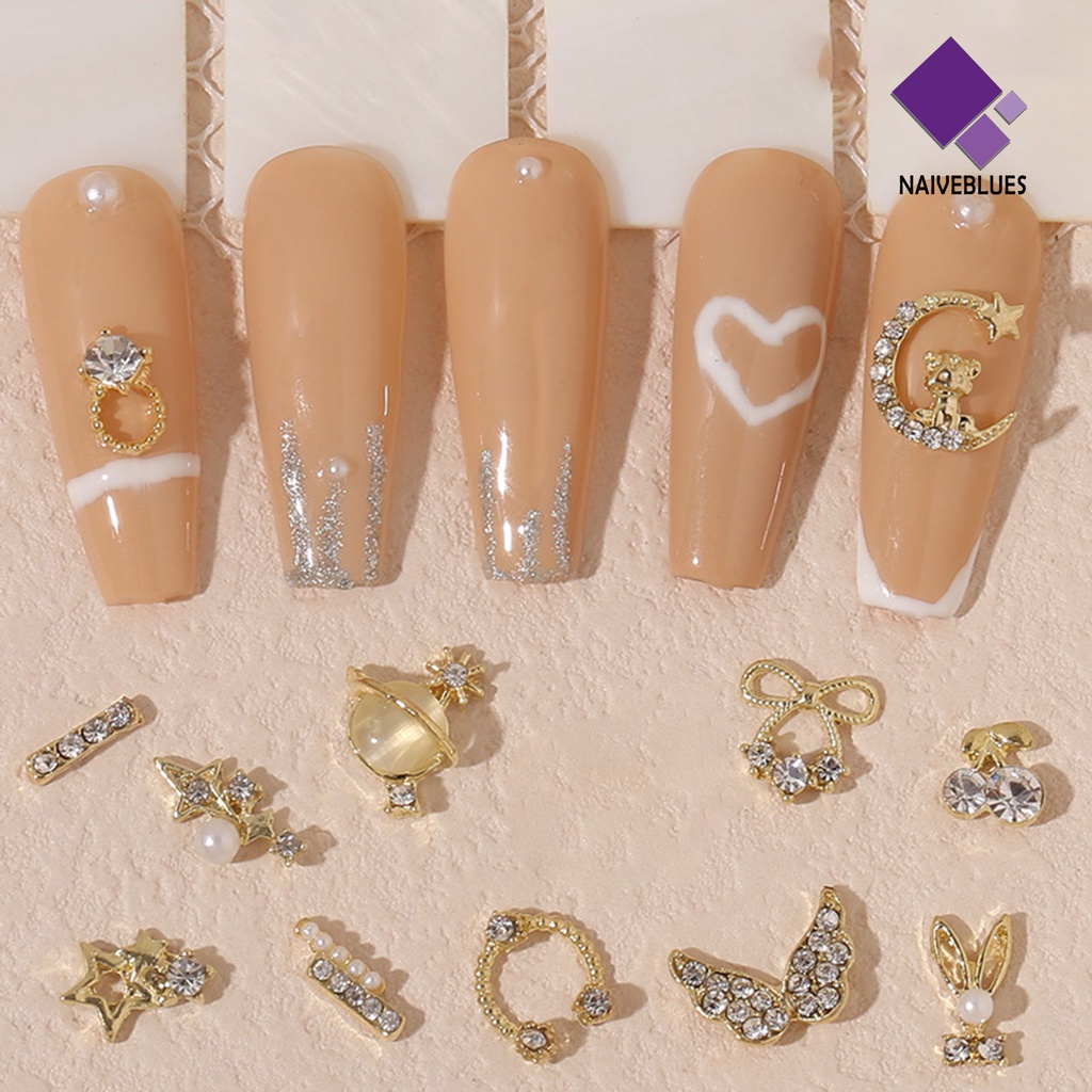 [naiveblues] 10pcs Manicure Decor Tiga Dimensi Bersinar Berkilau DIY Mutiara Tahan Karat Emas Hati Berlian Palsu