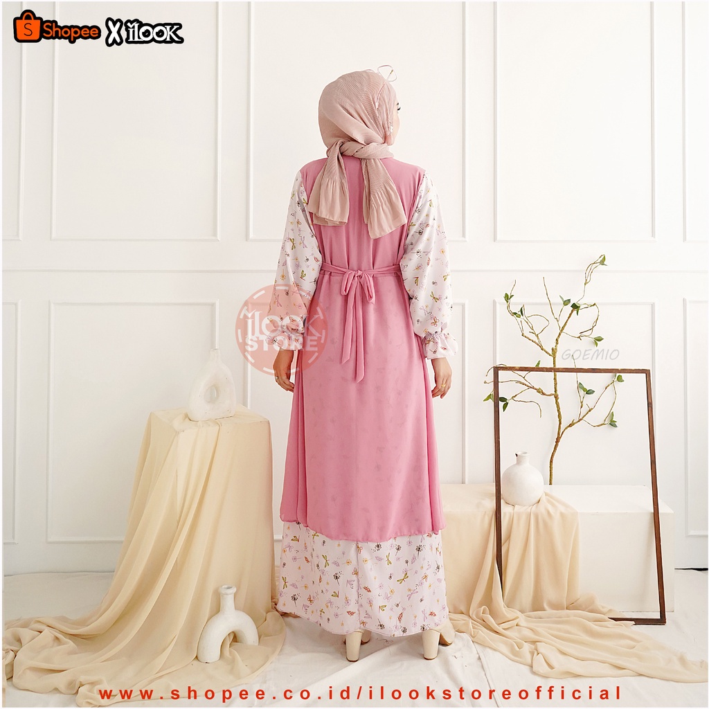 ilook | Fiore Gamis Lebaran 2023 Motif Lengan Karet Pinggang Tali Busui Friendly Wolpeach Ceruty Baby Doll