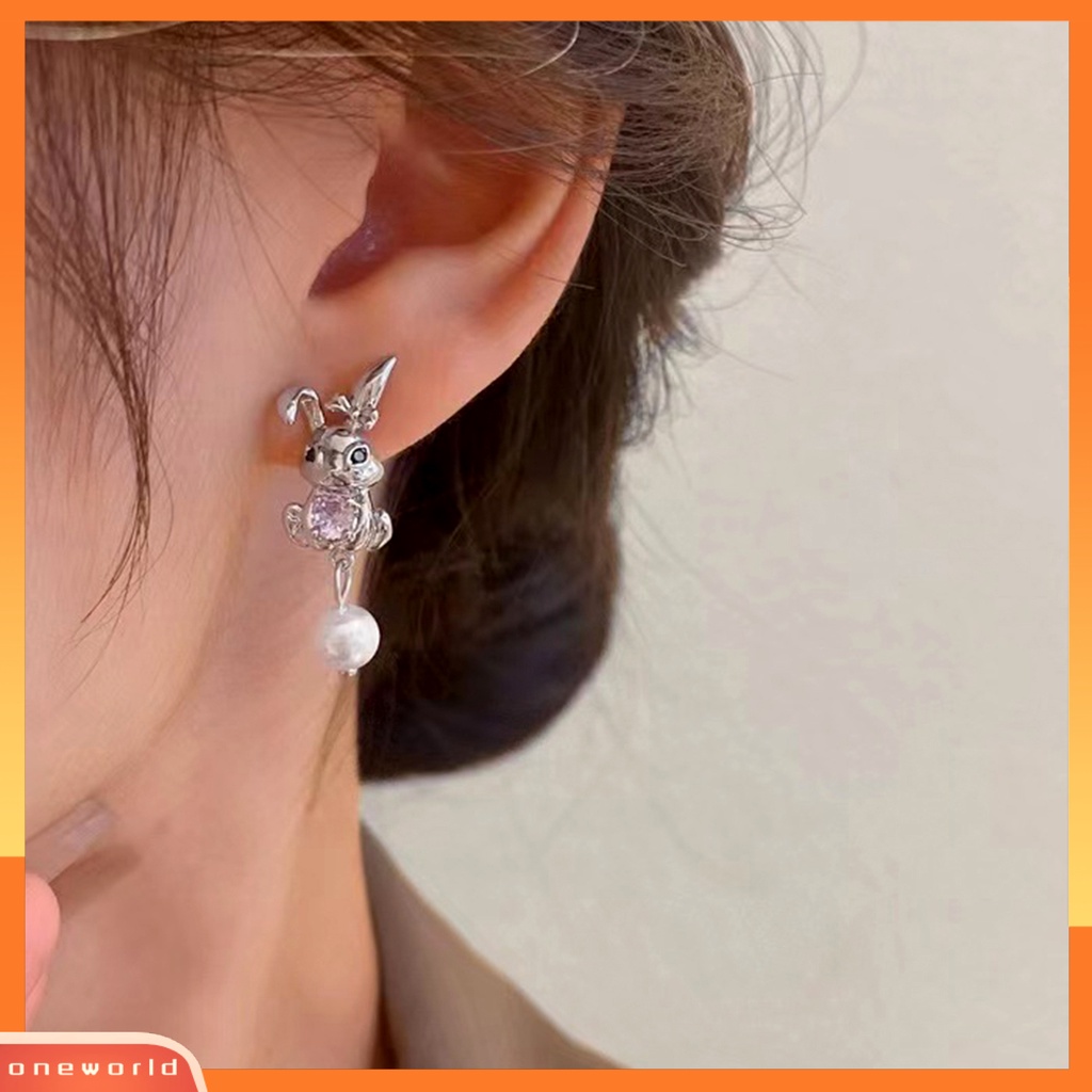 [EONE] 1pasang Menjuntai Anting Mutiara Imitasi Lucu Manis Hypoallergenic Logam Berlian Imitasi Bertatahkan Kelinci Stud Earrings Fashion Perhiasan