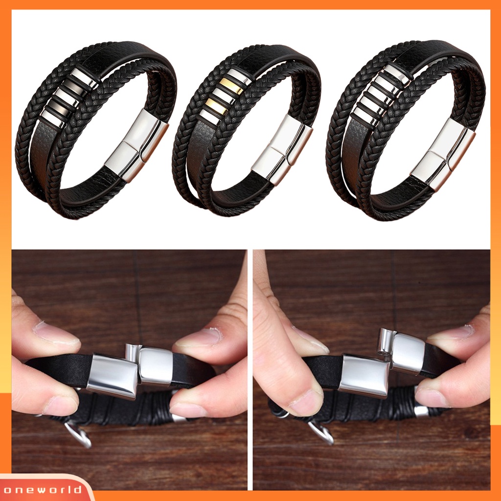 [EONE] Pria Gelang Tenun Tangan Multi Layer Tahan Aus Hias Gesper Menghias Pasangan 3lapis Gaya Punk Kulit Imitasi Gelang Pria Perhiasan