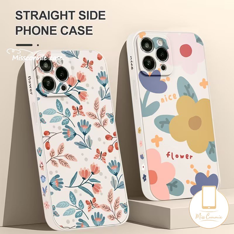 IPHONE Bunga Segar Leanves Case Kompatibel Untuk Iphone11 13 14 12 Pro Max6 7 6S 8plus XR X XS Max 7Plus SE 2020 Lembut Tepi Lurus Sisi Pola Floral Lembut Tpu Phone Cover