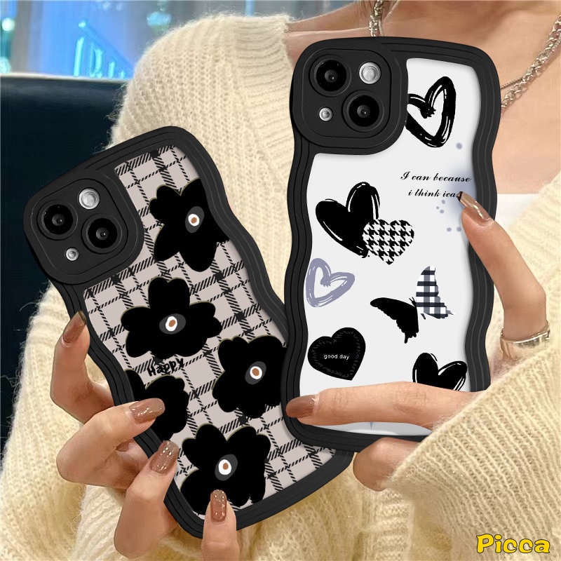 Case Untuk Redmi Note10 8 9 10s 11s 11 9s Pro Redmi 9C 9A 10C 12C A1 10A 9T 9 10 A1+POCO M3 X3 NFC Pro Mi 11T Pro Motif Kotak Retro Bunga Hitam Kupu Love Heart Wavy Edge Sarung