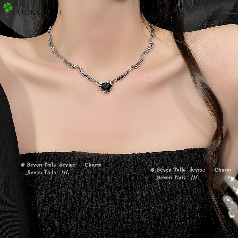 Fashion Rantai Perak Hitam Hati Liontin Kalung Untuk Wanita Korea Y2k Necklace Perhiasan Aksesoris