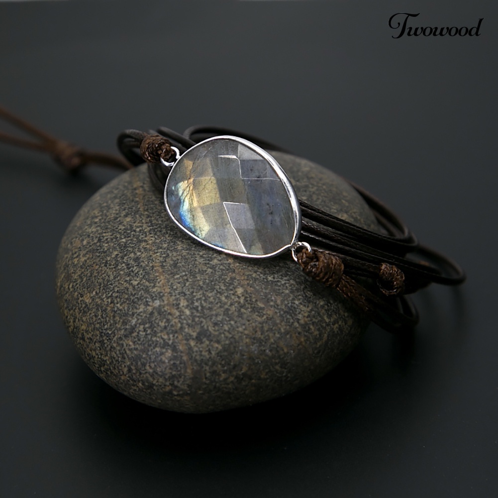 Twowood Boho Unisex Multi Layer Simpul Tali Lilin Labradorite Stone Charm Handmade Gelang