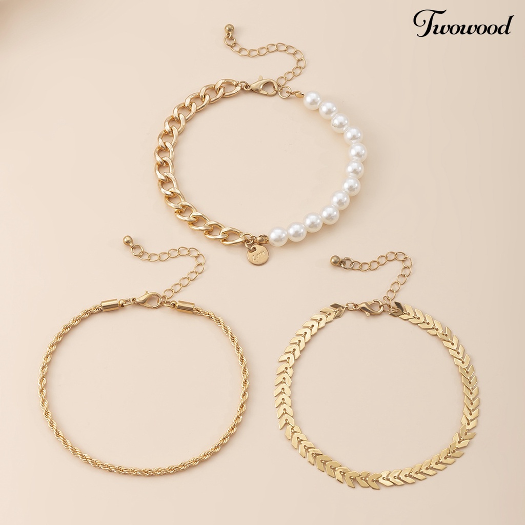 Twowood 3Pcs Wanita Gelang Kaki Twist Rantai Mutiara Imitasi Perhiasan Vintage Multilayer Anklets Footwear