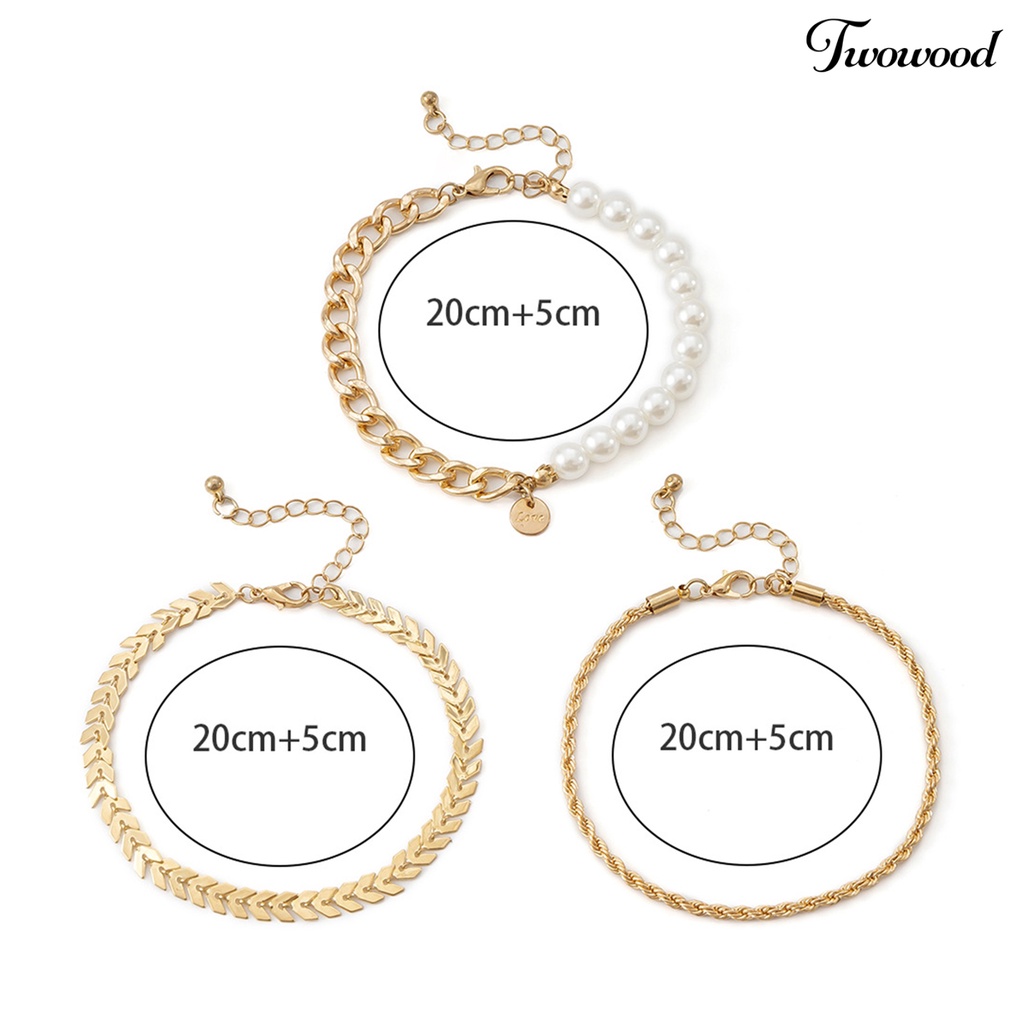 Twowood 3Pcs Wanita Gelang Kaki Twist Rantai Mutiara Imitasi Perhiasan Vintage Multilayer Anklets Footwear