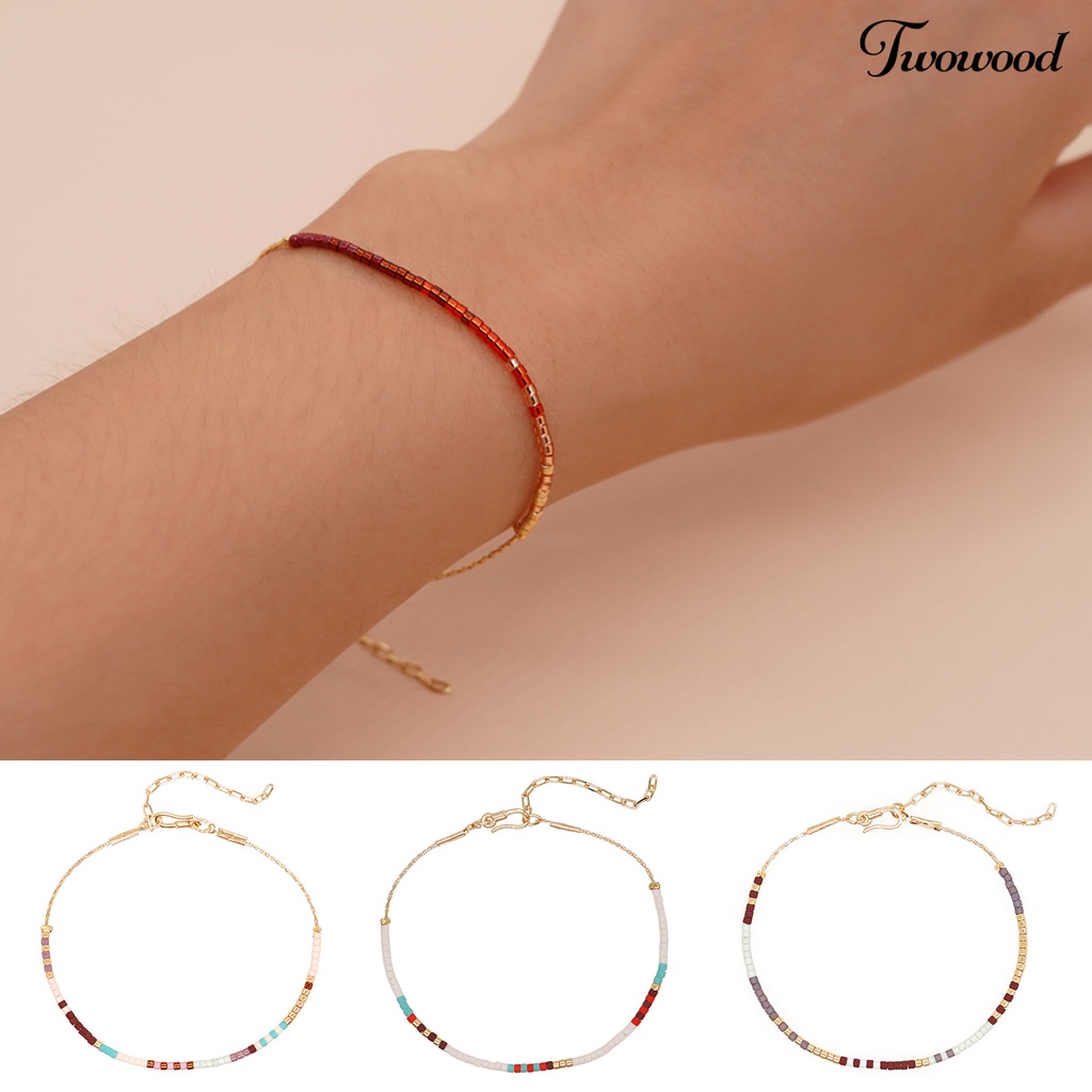 Twowood Charms Gelang Handmade Gaya Boho Aesthetic Adjustable Kristal Imitasi Perhiasan Hadiah Colorfast Bohemian Etnik Manik-Manik Gelang Wanita Aksesori