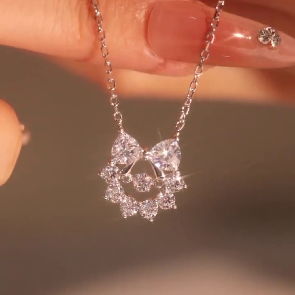 S925 Perak Kristal Busur Kalung Perempuan Musim Panas Kelas Tinggi Elegan Klavikula Necklace