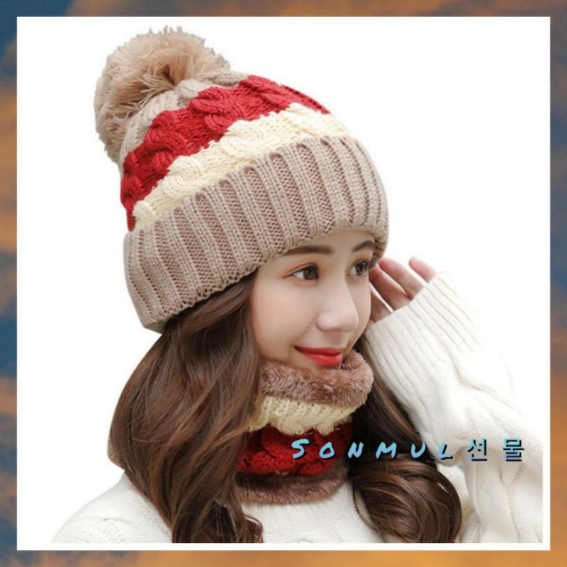 WOMAN WINTER KNIT BEANIE POMPOM STRIPES + SCARF / TOPI RAJUT BULU + SYAL WANITA MUSIM DINGIN