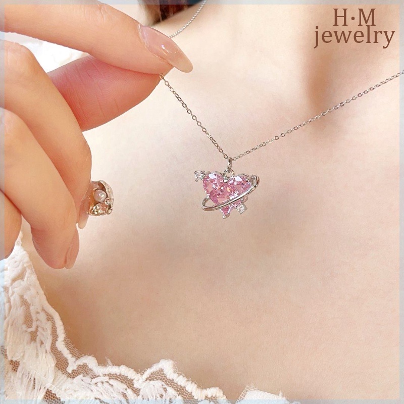 S925 Perak2023Baru Pink Berlian Cinta Kalung Cahaya Mewah Manis Pink Planet Ornamen