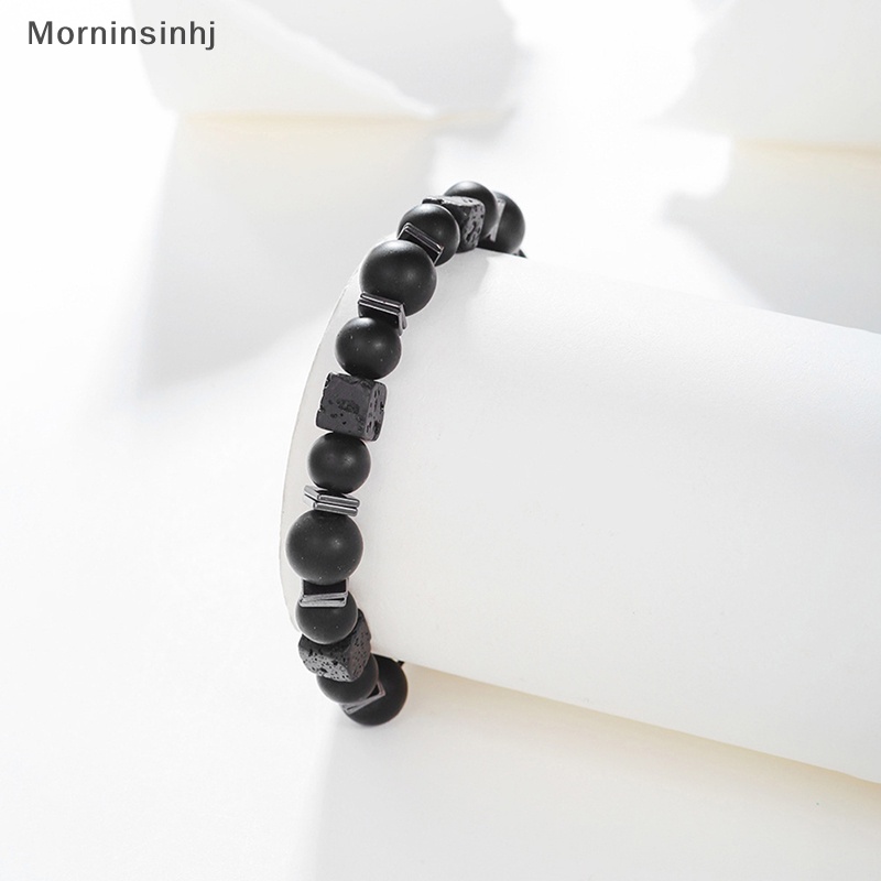 Mornin Gelang Hitam Lava Square Volcanic Stone Gelang Pria Matte Black Glass Beads Adjustable Bracelet Gelang Charm id