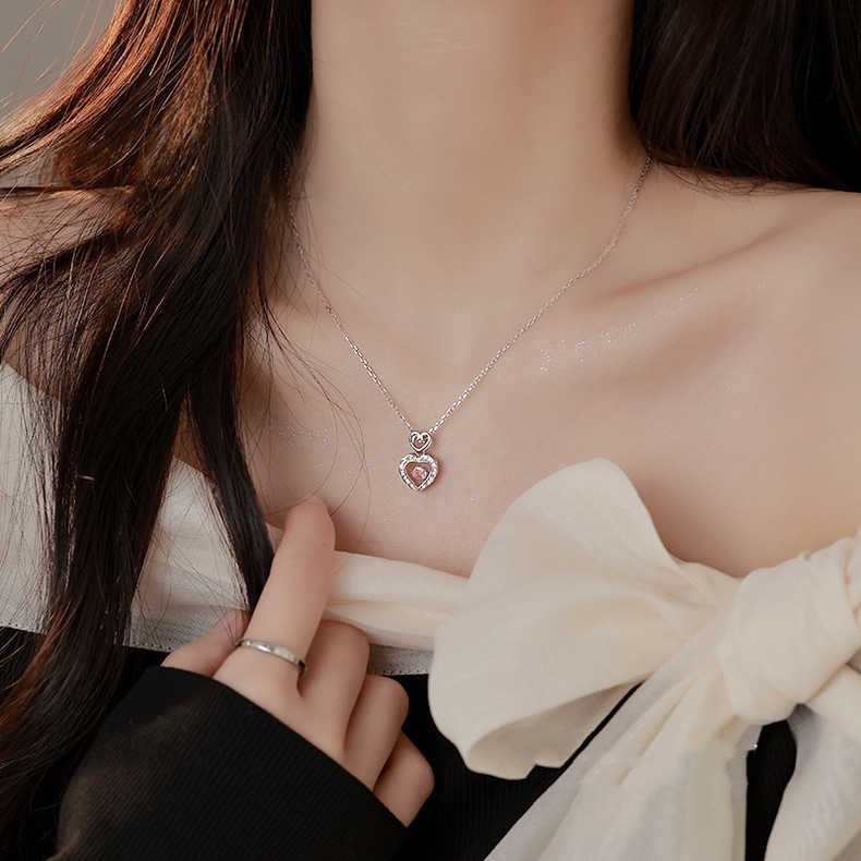 Kalung Zirkon Liontin Love Bunga Pink Mewah Kalung Perak Wanita