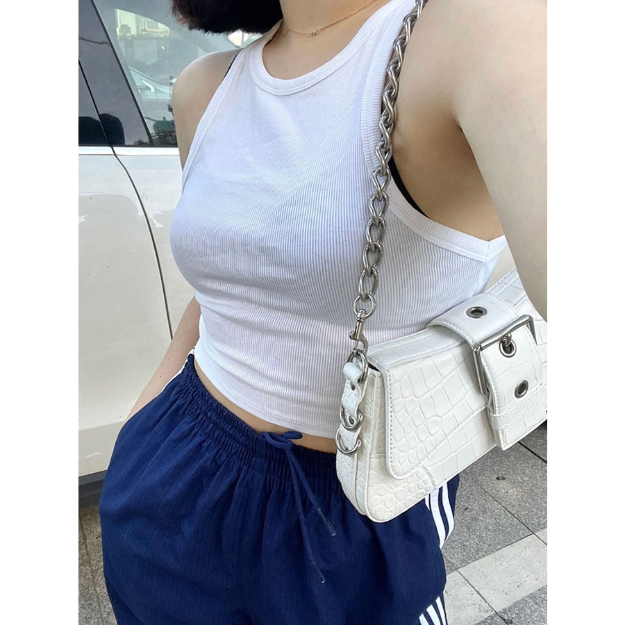 Red Tas wanita 2023 baru hot girl warna solid desain ceruk rantai portabel tas ketiak pola buaya French stick Messenger bag