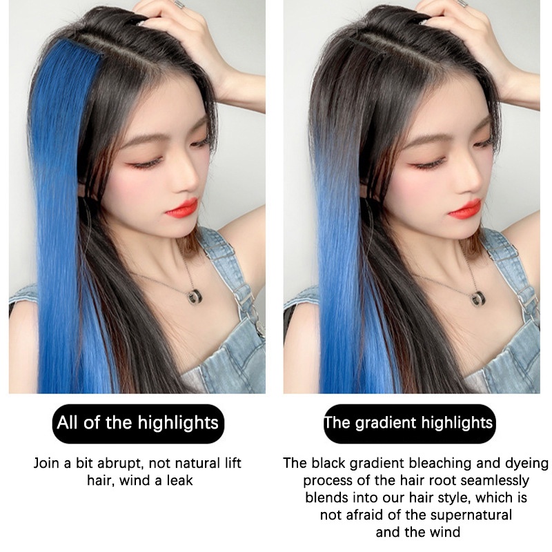 Wig Rambut Palsu Lurus Harian Panjang Warna Gradien Wanita One Piece Wig Sorot Ekstensi Rambut - SG