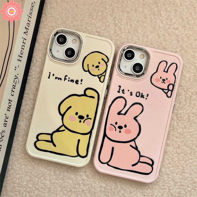 IPHONE Pasangan Kartun Lukisan Cat Minyak Anjing Lucu Robbit Phone Case Kompatibel Untuk Iphone11 12 13 14 Pro Max7 8 Plus 7plus X XR 8plus XS MAX Plating Bingkai Lensa Logam Soft Cover