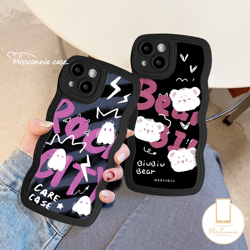 Casing Ponsel Monster Kecil Hantu Lucu Kompatibel Untuk iPhone 7Plus 14 11 13 12 Pro Max 8Plus X XR XS Max7 8 6s 6 14 Plus SE 2020 Tepi Bergelombang Kartun Beruang Huruf Lembut Tpu Cover