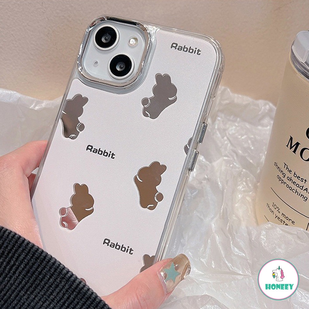 Kelinci Lucu Kartun Kelinci Makeup Cermin Plating Shockproof Phone Case Untuk iPhone 14 Pro 11 12 13 Pro Max Lovely Lembut Penutup Belakang