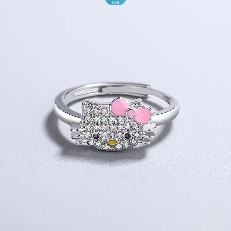 Kawaii Hello Kitty Kalung Dengan Rantai Alloy Kristal HelloKitty Liontin Kalung Sanrio Wanita Indah Rantai Klavikula Dapat Disesuaikan Cincin Gaya Hadiah Untuk Pacar [ZK]
