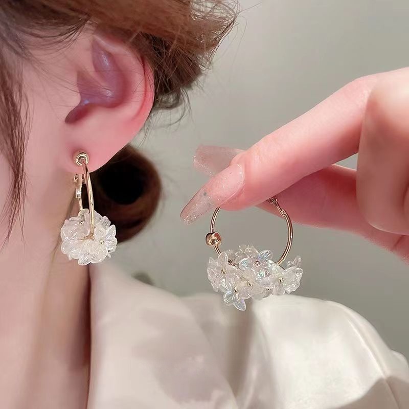 Anting Rumbai Bunga Korea Jarum Perak Anting Cincin Bunga Resin Sederhana Anting Serbaguna Untuk Wanita