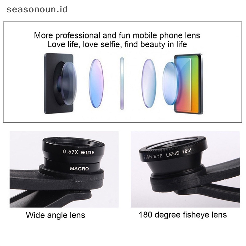 Seasonoun Lensa Fish Eye Handphone Lensa Kamera Kit Zoom Fisheye Wide Angle Dengan Klip.