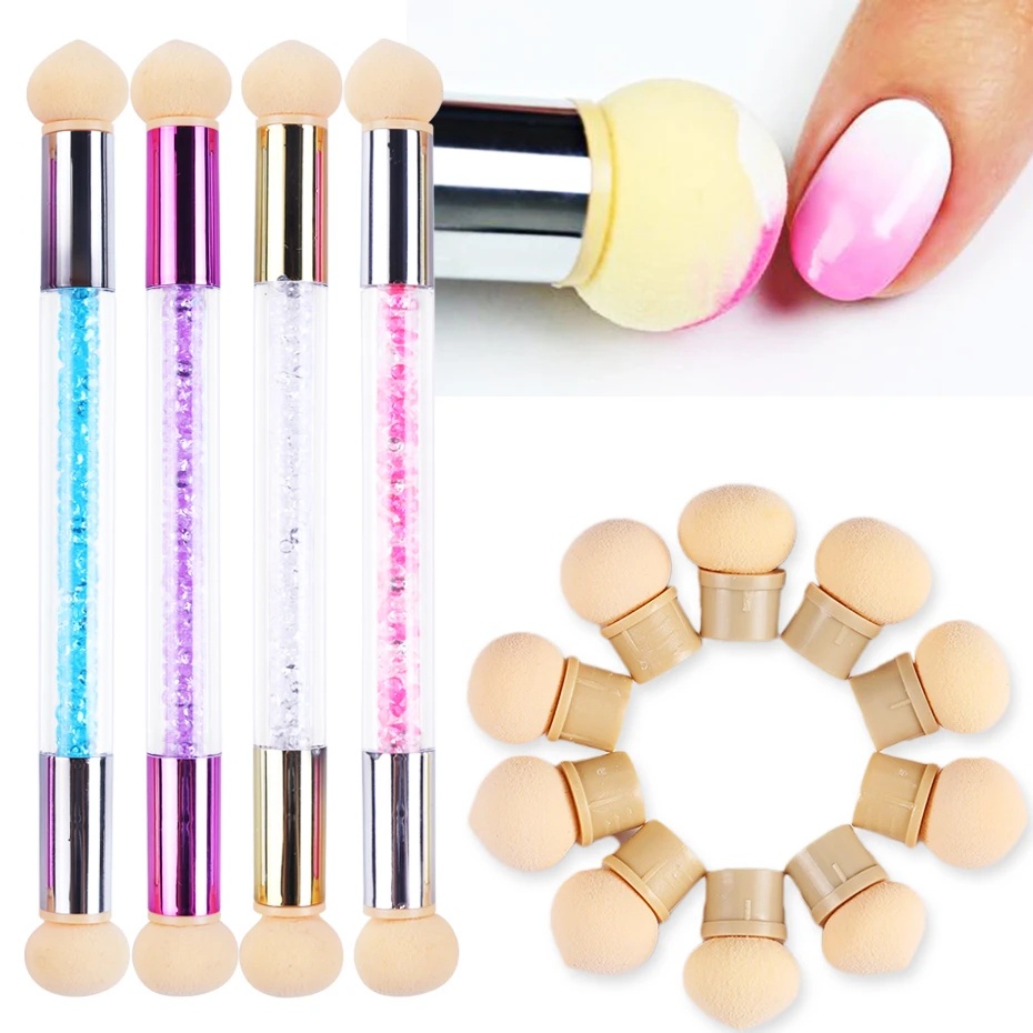 Gel Polish Warna Gradien Sikat Kuku Pena Kepala Ganda Sikat Kuku Spons Gradien Shading Nail Art Pen Nail Brush Manicure Dotting Brush Rhinestone Handle Painting Tools